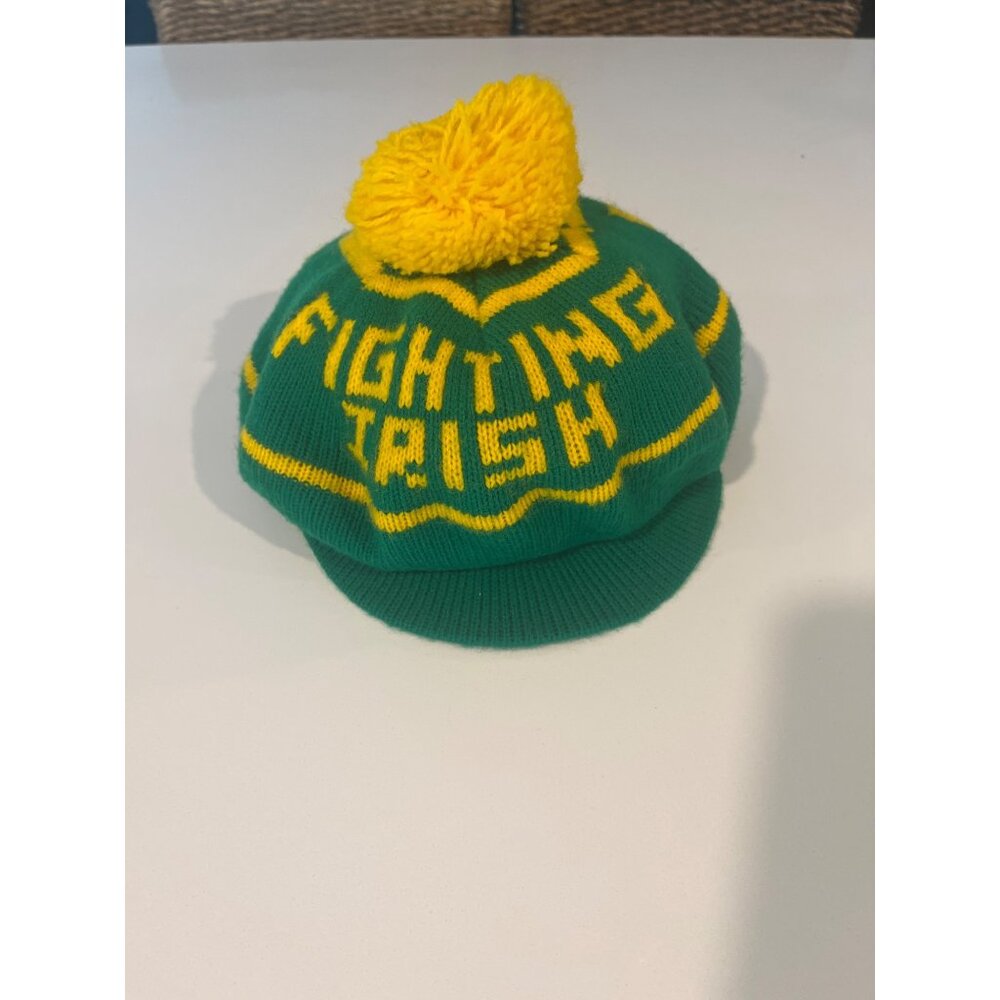 Vintage Fighting Irish Knit Beanie Hat W/ Yellow Pom  Green & Yellow